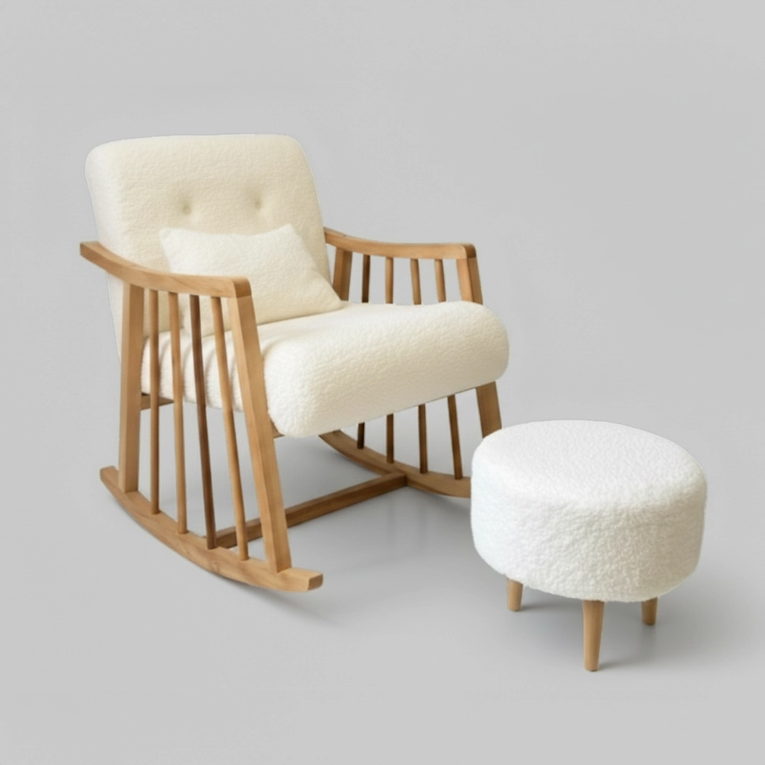 Bukle Teddy Sallanan Ahşap Berjer Koltuk - Puf ve Minder Hediyeli